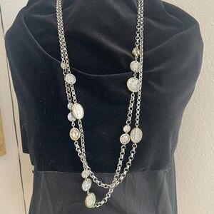Chico's Convertible Long Double Silver Tone Necklace with Coins-Vintage